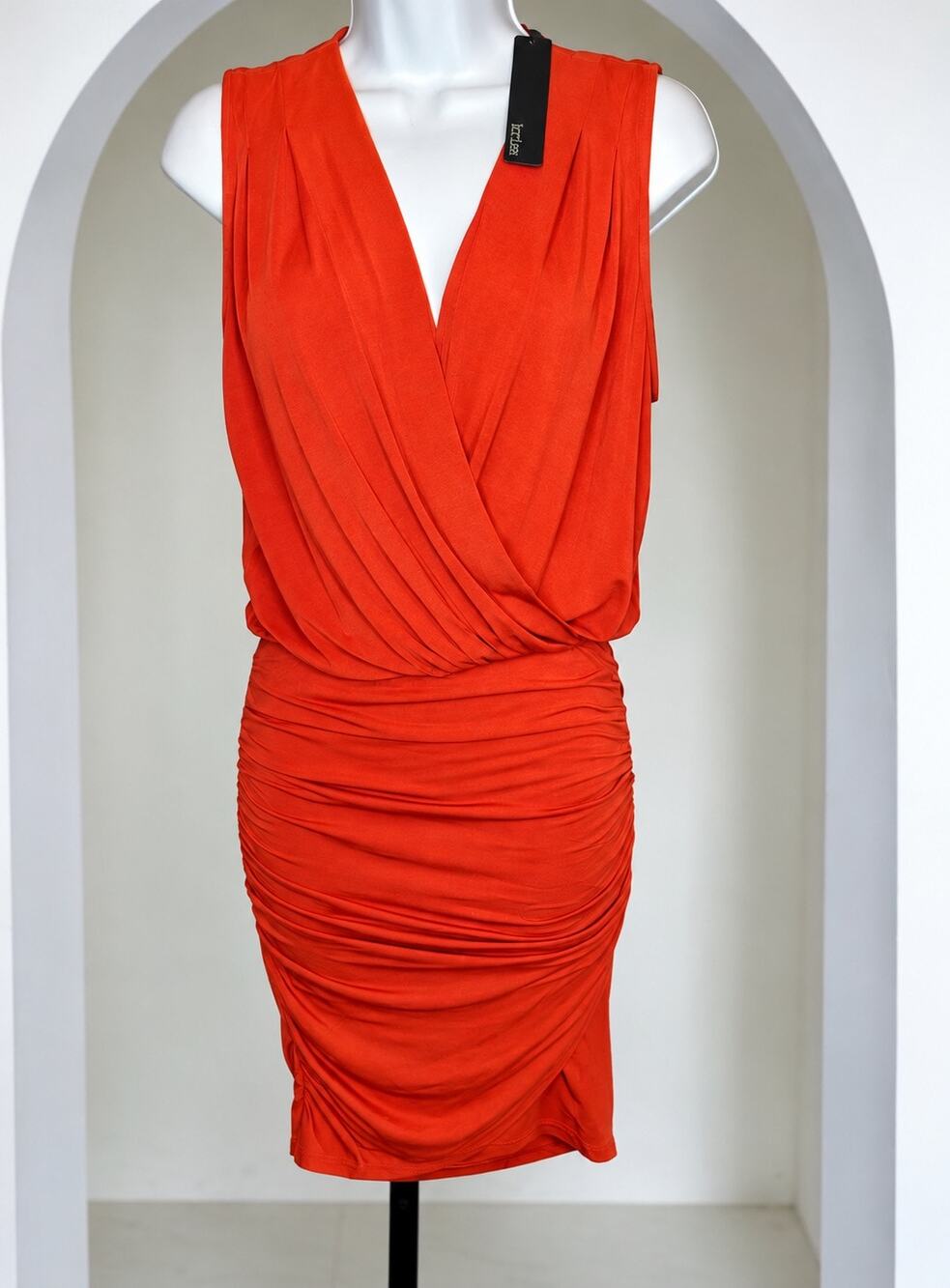 krisa Shirred Surplice Mini Dress Sunrise Orange Size Small NWT